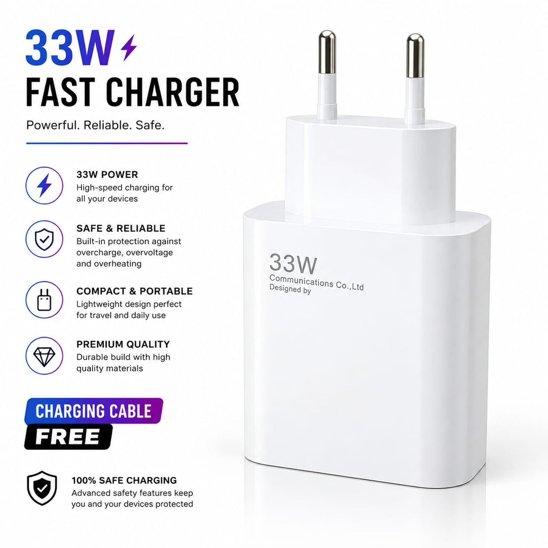 33W Fast Charger With Free Data Cable